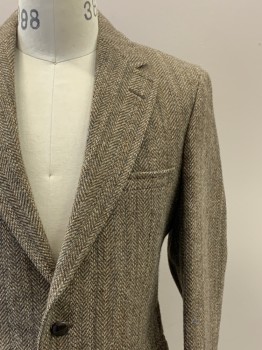 Mens, Jacket, GANT, Beige, Cream, Blue, Wool, Herringbone, 38R, 2 Buttons, Single Breasted, Notched Lapel, 3 Pockets, CB Vent