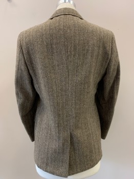 Mens, Jacket, GANT, Beige, Cream, Blue, Wool, Herringbone, 38R, 2 Buttons, Single Breasted, Notched Lapel, 3 Pockets, CB Vent