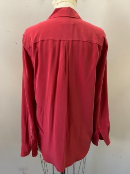 Womens, Blouse, EQUIPMENT, Red Burgundy, Silk, Solid, S, Sand-washed Silk, Button Front, Collar Attached, Long Sleeves,