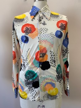 MR. SPORT, Off White, Red, Yellow, Blue, Black, Polyester, Splotches, Abstract , L/S, Button Front, Collar Attached, Transparent