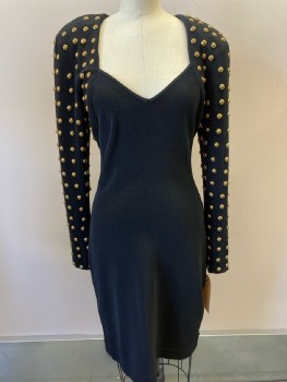 TADASHI, Black with Gold Dome Studded L/S Detail, Spandex Knit, Sweetheart Neckline, Open Back with Closure @ Neck