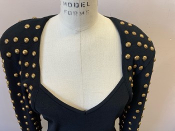 TADASHI, Black with Gold Dome Studded L/S Detail, Spandex Knit, Sweetheart Neckline, Open Back with Closure @ Neck