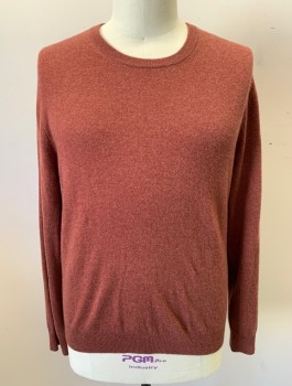 Mens, Pullover Sweater, BLOOMINGDALES, Chestnut Brown, Cashmere, Solid, XL, Knit, Crew Neck, Brown Faux Suede Elbow Patches, Long Sleeves