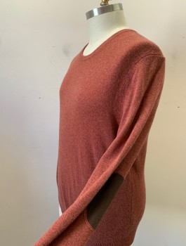 Mens, Pullover Sweater, BLOOMINGDALES, Chestnut Brown, Cashmere, Solid, XL, Knit, Crew Neck, Brown Faux Suede Elbow Patches, Long Sleeves