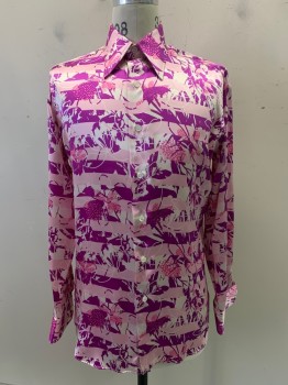ANTO, Lt Pink, Magenta Purple, Pink, Pearl White, Polyester, Floral, Stripes - Horizontal , L/S, Button Front, Collar Attached
