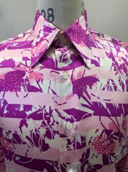 ANTO, Lt Pink, Magenta Purple, Pink, Pearl White, Polyester, Floral, Stripes - Horizontal , L/S, Button Front, Collar Attached