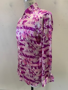 Mens, Shirt, ANTO, Lt Pink, Magenta Purple, Pink, Pearl White, Polyester, Floral, Stripes - Horizontal , 35, 16, L/S, Button Front, Collar Attached
