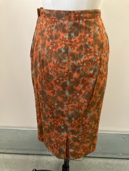 Womens, 1960s Vintage, Skirt, FOX 4, 27, Multi Tonal Brown with Moss & Seafoam Floral, Cotton, Side Zip, Kick Pleat, Below Knee Length
