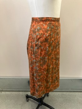 Womens, 1960s Vintage, Skirt, FOX 4, 27, Multi Tonal Brown with Moss & Seafoam Floral, Cotton, Side Zip, Kick Pleat, Below Knee Length