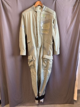 Mens, Jumpsuit, MTO, Pewter Gray, Synthetic, Rubber, Solid, W36, 42, Band Collar, Zip Front, L/S, 2 Pockets, Rubber Patches on Left Chest, Rubber Yoke, Black Elastic Hems,