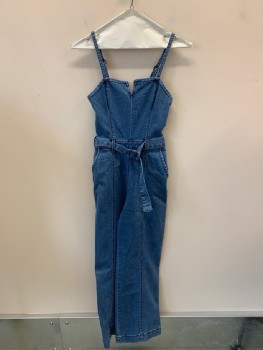 Womens, Jumpsuit, HOLISTER, Denim Blue, Cotton, Polyester, Solid, 36 W, XS, B, 26 H31, Straps, Small V-N, Wide Leg, Matching Belt