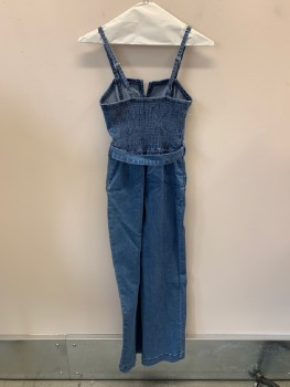 Womens, Jumpsuit, HOLISTER, Denim Blue, Cotton, Polyester, Solid, 36 W, XS, B, 26 H31, Straps, Small V-N, Wide Leg, Matching Belt