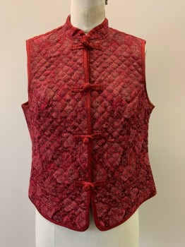DEMOCRACY, Red, Maroon Red, Raspberry Pink, Gold, Ramie, Polyester, Brocade, Knotted Front, Stand Collar, Quilted,
