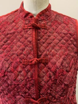 DEMOCRACY, Red, Maroon Red, Raspberry Pink, Gold, Ramie, Polyester, Brocade, Knotted Front, Stand Collar, Quilted,