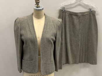 PEABODY HOUSE, Gray, Cream, Taupe, Wool, Rayon, Tweed, Open Front, 2 Pleats On Shoulder, 2 Pckts
