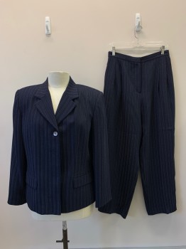 Womens, 1990s Vintage, Suit, Jacket, VALERIE STEVENS, Navy Blue, White, Polyester, Stripes - Pin, B37, L/S, Button Front, Single Breasted, Notched Lapel, Top Pockets,