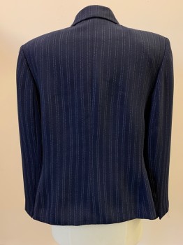 Womens, 1990s Vintage, Suit, Jacket, VALERIE STEVENS, Navy Blue, White, Polyester, Stripes - Pin, B37, L/S, Button Front, Single Breasted, Notched Lapel, Top Pockets,