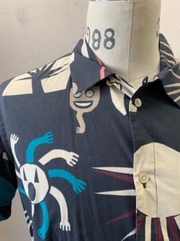 Mens, Casual Shirt, PAUL SMITH, Charcoal Gray, Cream, Pink, Turquoise Blue, Red Burgundy, Cotton, Novelty Pattern, M, Tribal Masks And Shapes, S/S, Button Front, Collar Attached, 1 Pocket