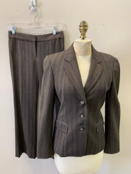 Womens, Suit, Jacket, ELIE TAHARI, Chocolate Brown, Black, Ivory White, Wool, Spandex, Herringbone, 2, Jacket, Button Front, 3 Plastic Tortoise Shell Buttons, Notched Lapel, Flap Pockets, Leather Elbow Patches