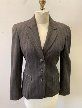 ELIE TAHARI, Chocolate Brown, Black, Ivory White, Wool, Spandex, Herringbone, Jacket, Button Front, 3 Plastic Tortoise Shell Buttons, Notched Lapel, Flap Pockets, Leather Elbow Patches