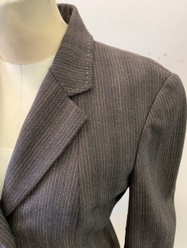 Womens, Suit, Jacket, ELIE TAHARI, Chocolate Brown, Black, Ivory White, Wool, Spandex, Herringbone, 2, Jacket, Button Front, 3 Plastic Tortoise Shell Buttons, Notched Lapel, Flap Pockets, Leather Elbow Patches