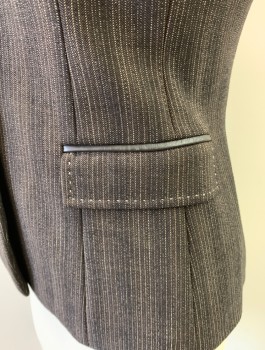 ELIE TAHARI, Chocolate Brown, Black, Ivory White, Wool, Spandex, Herringbone, Jacket, Button Front, 3 Plastic Tortoise Shell Buttons, Notched Lapel, Flap Pockets, Leather Elbow Patches