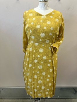 N/L, Mustard Rayon with White Flowers And Brown Line Paisley, V-N, 3/4 slvs, Button Cuffs, Back Zip,