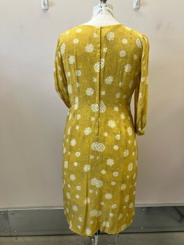 N/L, Mustard Rayon with White Flowers And Brown Line Paisley, V-N, 3/4 slvs, Button Cuffs, Back Zip,