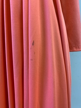 Womens, Evening Gown, NO LABEL, Coral Pink, Polyester, Solid, W28, B32, L/S, V Neck, Crochet Detailing on Neckline with Fringe, Pleated Front, Minor Stain, Pullover, Low V Cut Back