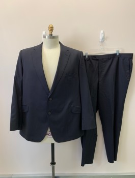 TED BAKER, Navy Blue, Wool, Stripes, Single Breasted, 2 Buttons, Notched Lapel, 3 Pockets,