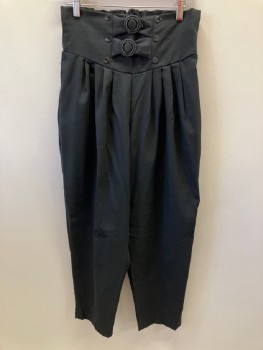 Black, Wool, Acrylic, Solid, Harem Style with Wide Waistband, Buttons & Buckle Detail Front, Elastic Rouching Back, Zip Back, Triple Pleats Front, 2 Hip Pckt,