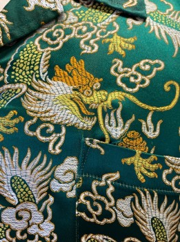 ANCHOR BLUE, Green, White, Orange, Yellow, Rayon, Nylon, Asian Inspired Theme, Dragons Brocade, S/S, B.F., C.A., 1 Patch Pocket,