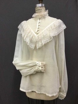 Womens, Blouse, GUNNIES, Cream, Poly/Cotton, Lace, Solid, B36, Lace Yoke With Ruffle Trim, Poly/cotton Lower With Long Sleeves, Lace Collar Band, Button Front Closure Placet