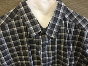 THEORY, Off White, Dk Gray, Steel Blue, Black, Cotton, Plaid, Long Sleeves, Collar Attached,  Button Front, Pearl Buttons