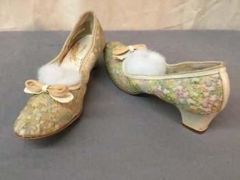 Womens, Shoe, FIFTH AVENUE, Cream, Lt Pink, Lt Green, Lt Blue, Polyester, Leather, Floral, 7, Low Heel Pump, Cream Leather Heel, Trim and Bow Detail, Embroiderred Net Upper