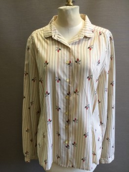 N/L, Ecru, Red, Forest Green, Brown, Cotton, Stripes - Vertical , Floral, L/S, B.F., Rounded C.A., Gathered at Shoulder