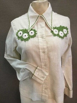 CAROL CHITRIN, Cream, Lime Green, White, Solid, Floral, BLOUSE:  Cream with Mirror White, Lime Flower Embroidery On Chest,  and Lime Stitches On Collar Attached & Cuffs, Button Front, Long Sleeves, See Photo Attached,