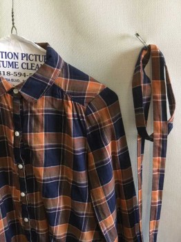 BP, Navy Blue, Orange, Brown, Red Burgundy, Off White, Cotton, Plaid, Collar Attached, Button Front, Long Sleeves, W/self 1" Neck-tie,