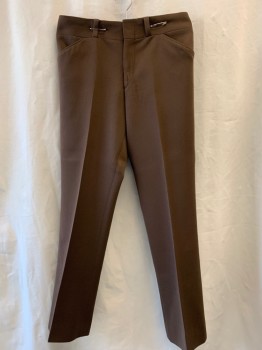 N/L, Brown, Polyester, Solid, Flat Front, Zip Fly, Belt Loops, 4 Pockets, Slight Boot Cut,