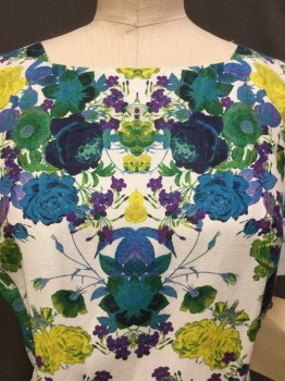 Womens, Dress, Short Sleeve, TALBOTS, Off White, Teal Green, Teal Blue, Purple, Yellow, Wool, Linen, Floral, 34, B 40, 12, Off White W/teal Green, Teal Blue, Purple, Green, Yellow Floral Print, Round Neck,  Short Sleeve,  Zip Back, See Photo Attached,
