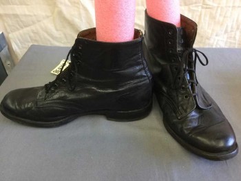 Mens, Boots 1890s-1910s, BAXTER, Black, Leather, Solid, 8.5, Ankle High, Low Stack Heel, Round Toe