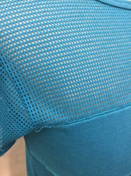 Mens, T-shirt, ISLANDER, Turquoise Blue, Polyester, Cotton, Solid, M, See-Through Mesh Net TShirt, Short Sleeve,  U-Neck, with Opaque Jersey Horizontal Stripe Across Chest,