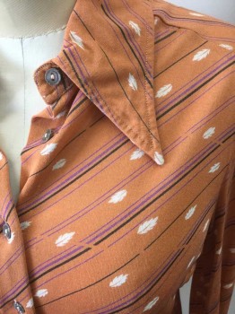 STYLES, Rust Orange, White, Purple, Black, Polyester, Stripes - Diagonal , Floral, Button Front, Collar Attached, Long Sleeves with Button Cuffs, Knit