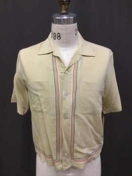 Mens, Casual Shirt, BY ALFRED, Lt Yellow, Solid, L, 16, S/S, Red/Wht/Blue/Gray Embroidery Stripes, C.A., Button Front, 2 Pockets