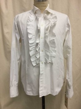NL, White, Cotton, Solid, Button Front, Collar Attached, Ruffle Front, Long Sleeves with 1.5" Insert to Make Longer, Pleats at Cuffs