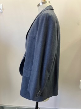 MTO, Blue, Gray, Wool, Heathered, Stripes, Alternating Single Blue And Triple White Pin Stripes, Single Breasted, Edgestitched Notched Lapel, 4 Buttons, 3 Pockets,