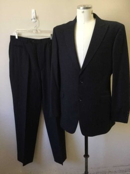 WILLIS & WALKER, Navy Blue, Gray, Wool, Stripes - Pin, Single Breasted, Collar Attached, Peaked Lapel, 3 Pockets, 2 Buttons