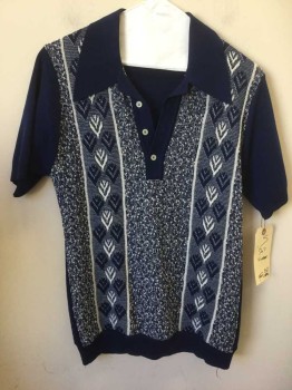 Mens, Sweater, N/L, Royal Blue, White, Polyester, Stripes - Vertical , Heathered, M, Polo, Short Sleeves, Textured Knit, Mixed Pattern Stripes, Solid Back/ Collar/ Sleeve