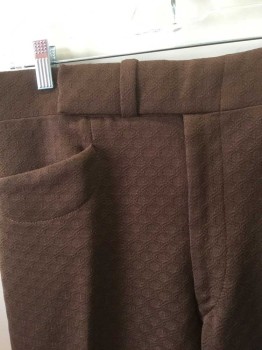 Mens, 1970s Vintage, Suit, Pants, LE BARON, Brown, Polyester, Geometric, 34/30, Self Diamond Waffle Texture, Flat Front, Extra Long Tab at Waist, Zip Fly, 4 Pockets, Adjustable Tabs with Buckles at Waist, Straight Leg,