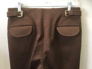 Mens, 1970s Vintage, Suit, Pants, LE BARON, Brown, Polyester, Geometric, 34/30, Self Diamond Waffle Texture, Flat Front, Extra Long Tab at Waist, Zip Fly, 4 Pockets, Adjustable Tabs with Buckles at Waist, Straight Leg,